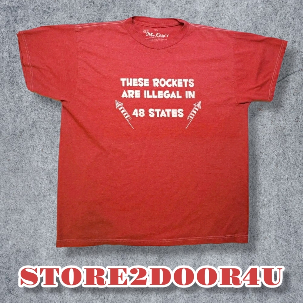 Muscle Shirt Men’s XL T-Shirt RED & WHITE THESE ROCKETS ARE ILLEGAL IN 48 STATES